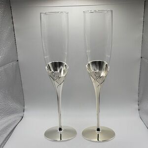 Lenox True Love Pair of Champagne Flutes with Hearts on Silverplate Stems NWOT